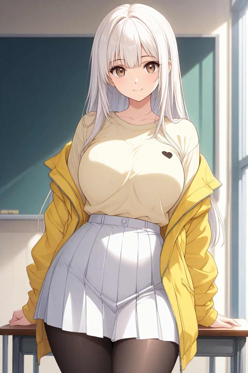 masterpiece, best quality, 1 girl, gray hair, orange eyes, orange t shirt, midriff, (gray skirt), orange hallway, smile, upper body