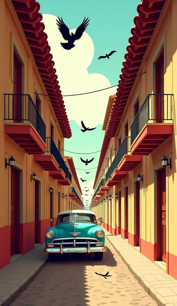 vector illustration of a narrow colonial street, old Spanish buildings with wooden balconies and wrought-iron railings, glossy terracotta ceilings, classic cars from the 1950s parked, black chicken wings flying in circles, clean and expressive art style, warm color palette, midday, Dusty atmosphere, pronounced shadows, vintage Latin American style