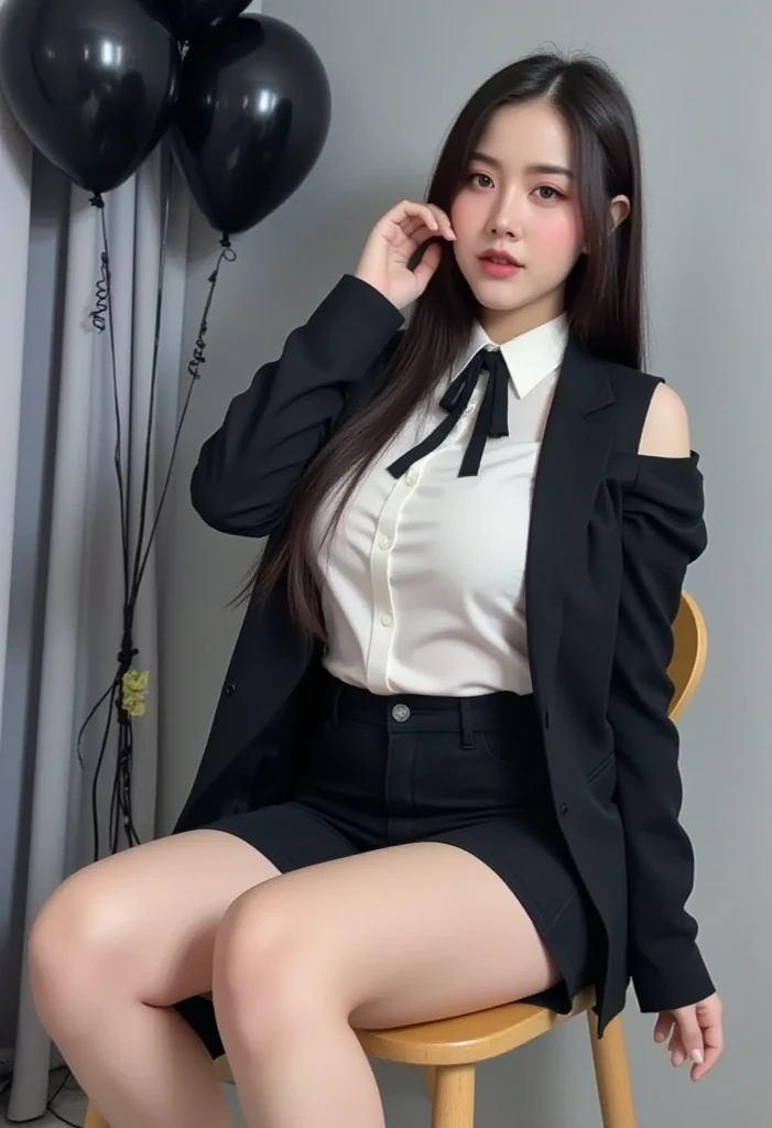 (masterpiece:1.2),(8K high quality), (highest quality), (reality), (It&#39;realistic:1.37), Big eyes,long eyelashes,Precise action and realistic style）,ultimate face,It&#39;realistic, Light and shadow,, high detail skin,reality skin details,（Super detailed）,straight short hair, ,（（Full body photo shoot））,（（少し離れたところからFull body photo shoot））, Only one woman in her 30s, cute type ,(Beautiful face with double eyelids), (realism: 1.4),(beautiful face 1.4),thin, (In office lady appearance&#39;blouse and skirt:1.2),((at the company office)),medium hair,,((In office lady appearance suit and short skirt)),very beautiful legs,(((sitting))),((smile at the audience)),,very charming smile,,((Wearing a suit jacket and shirt blouse））,（spread your legs and show me your panties）, I like to show my crotch to my viewers, I&#39;man wearing black panties, （sit with both knees up, Very beautiful legs, The color of the pants is black