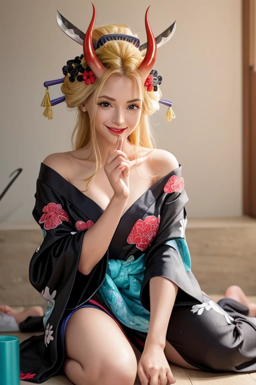 masterpiece, highest quality, High resolution, 1 girl, blonde hair, medium hair, asymmetrical hair, floating hair, hair between eyes, high ponytail, side lock, hair ornaments, fish hair ornaments, tassel, Hairpin, bangs, orange eyes, open your mouth, smile, teeth, upper teeth only, choker, red choker, pendant choker, butterfly choker, clavicle, tattoo, chest tattoo, flower tattoo, cleavage, medium breasts, thighs, bandage, bandageを巻いた脚, sarashi, budget Sarashi, chest Sarashi, black sash, Hadanugi Dosa, Stars, kimono, kimono, Kinchaku, heart, heartage, heartjime, orange kimono, Pouch, print kimono, rope, sash, shimenawa, short kimono, one bare shoulder, vision (genshin impact), east asian architecture, cherry blossoms, whole body, squat, 線香firework, night, firework, holding firework, feetを合わせて, feet, single glove, single fingerless gloves, Wristband, black socks,