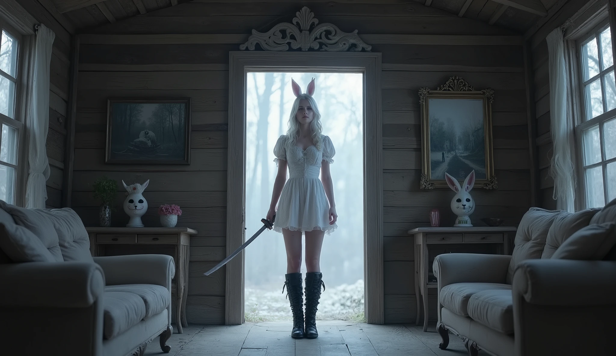 A young woman with albinism (albino), glowing pale skin and long white platinum hair, standing in the doorway of a dilapidated wooden cabin. She wears a short white vintage puff-sleeve dress, (army boot), holding a katana sword. She wears a spooky rabbit mask. The scene is lit with soft, evenly distributed frontal lighting, illuminating the subject clearly from the front and reducing any backlight or silhouette effect. The room is detailed with cracked wooden walls, cobwebs on the ceiling, a dusty baroque picture frame, and broken furniture scattered on the floor. There is a subtle pink and teal ambiance in the background, but the subject remains clearly visible. The lighting is cinematic but balanced, with minimal shadow on her face and body. Highly detailed, realistic textures, synthwave horror aesthetic