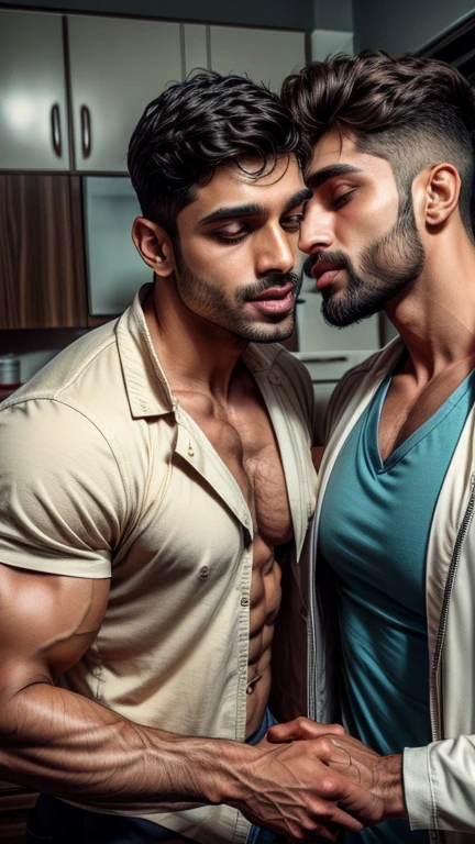 there is a Indian man laying down with his shirt on and kissing chest a indian man standing next to him, two muscular men entwined, muscular men entwined together, shirtless :: high detail, ultra realistic picture, male art, hyper realistic details, hyper realistic detail, photorealistic artstyle, hyper realistic 3 d render, ( ultra realistic ), hyper detailed photorealistic