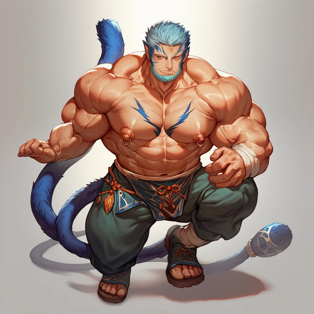 goku dragon ball bodybuilder, beautiful face, serious face, white hair, red eyes, perfect body, fit body, abs, muscular,blue and orange armor
