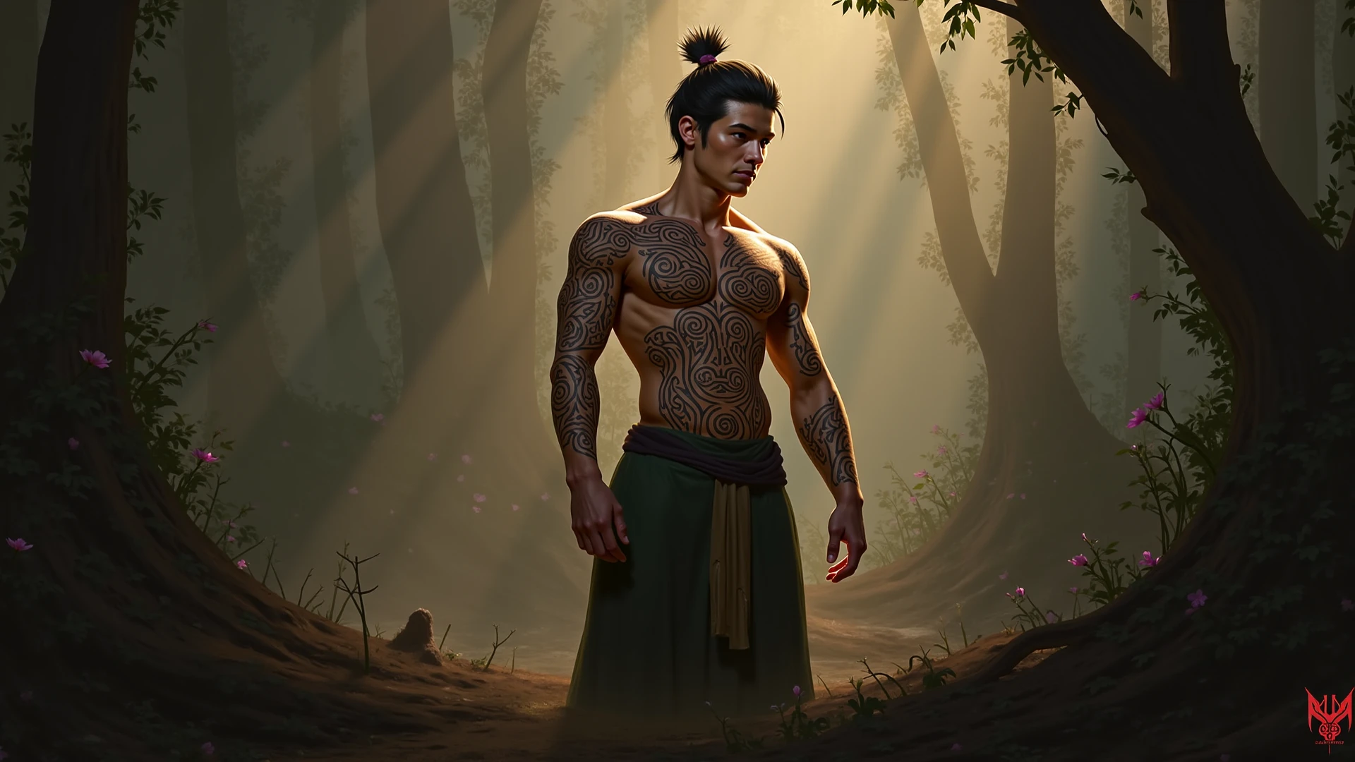 imagine creating And Using a Canon EOS 5D Mark IV with a 24-70 mm lens, set at f/1.8, ISO 500, and a shutter speed of 1/100, the scene captures, a young man slim Asian boy with a good figure, good looking abdominal muscles, shave head, wearing a brown Buddhist monk choth, front cover showing shoulders. Stands full length, green trees, a mossy floor, a pond, clothes that got wet from playing in the water, and oil paintings. Beautiful 3D 18K digital art images, and background are Beautiful hyper-realistic and super-detailed masterpiece that shows the vegetation of a tropical jungle with exotic, large-leaved plants,