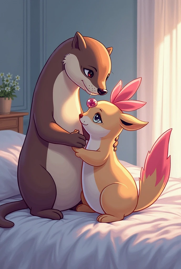 score_9, score_8_up, score_7_up, score_6_up, source_furry, score_safe, fifi, skunk, duo, female, sfw, furry, back, ((Wide hips)), ((tail coiling another female fox)), purple body, hair bow, tail, cute, short, beautiful eyes, cartoony, flat color, simple shading, full-length portrait, studio ghibli background, blurred backgroun,