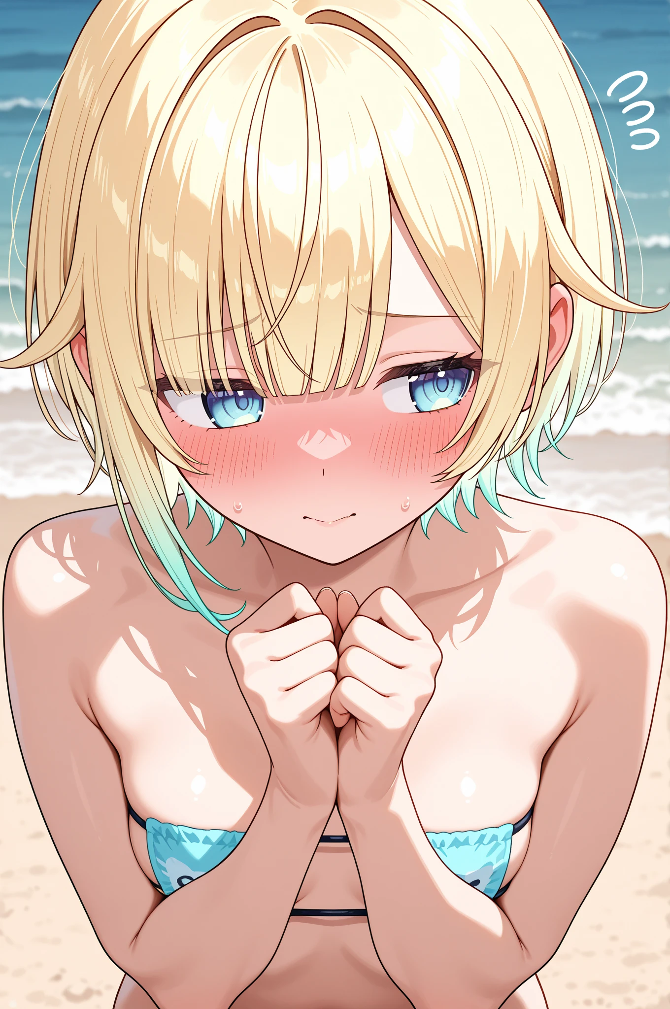 MEMcho, blonde hair, blue eyes, dull bangs, demon horn, fake horn, horn, short hair,
break 中乳, Completely naked, NSFW,Exposed skin, wet skin,
break outdoors, beach,
break looking at viewer,
break (masterpiece:1.2), highest quality, High resolution, unity 8k wallpaper, (figure:0.8), (beautiful and fine eyes:1.6), highly detailed face, perfect lighting, Very detailed CG, (perfect hands, perfect ???????)
