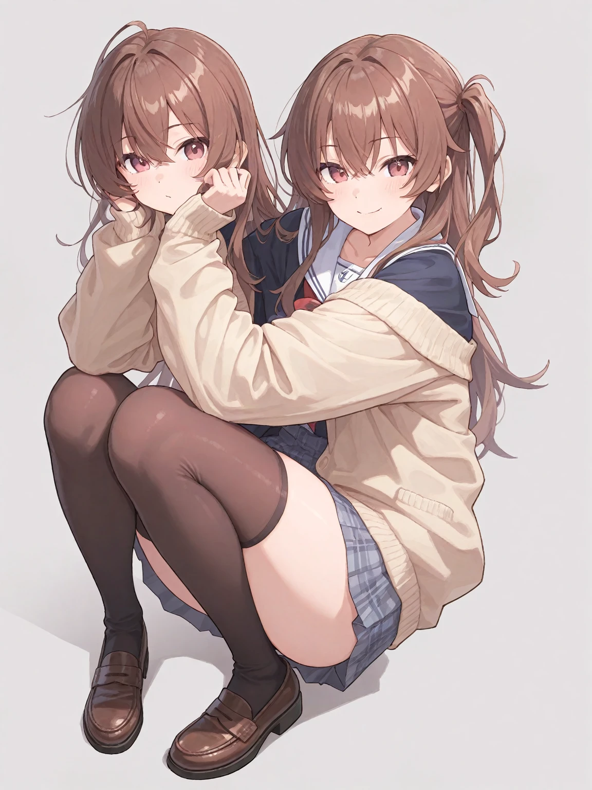 A beautiful girl with long dark red hair, with a lock of hair partially covering your eye, she has beautiful big dark blue eyes, wearing a long white shirt, a blue blouse, a black and white skirt, and a pair of simple white high-top sneakers, and a big blue earphone around her neck, she is really very beautiful