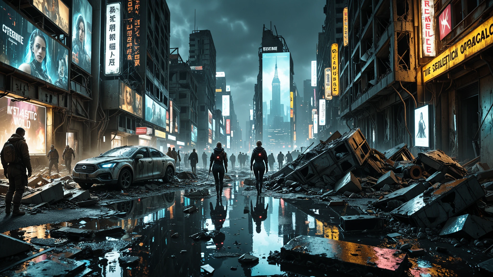 (extremely detailed CG unity 8k wallpaper), (masterpiece), (best quality:1.2), (highres), (illustration:1.1), (cinematic light:1.1), finely detailed, intricate details, (best illustration), 8k resolution, intricate details, best quality, realistic, ultra-detailed, best illumination, best shadow, ultra-HD, cryengine, ultra hd, (detailed reflection), detailed shadows, (((intricate details))), smooth, ((perfect shading)), high quality metal texture, metallic luster, highly detailed illustration, (semi realistic:1.6), (wide_shot:1.2), a futuristic city , fire explosion in distance, smoke rising over skyscrapers after nuclear explosion at , wet road, puddle, (((ghost recon inspired))), street view, dynamic camera angle, (warzone), (((high quality detailed ruins))), (depth of field), ((cinematic lighting)), ((horror)), ((dark fantasy)), lovecraftian, spot color, monotone, red, splashing blood, (best illumination), (hyper intricate details), ((ultra-detailed)), 4k unity, (extremely detailed CG:1.2), (8k:1.1), ((landscape view)), Artstation, ((by sui ishida, by Wenjun Lin, by stefan morrell)), dystopian art, apocalypse art, ((semi-realistic)), (realism), (dynamic), (nixeu_basic2:0.5),