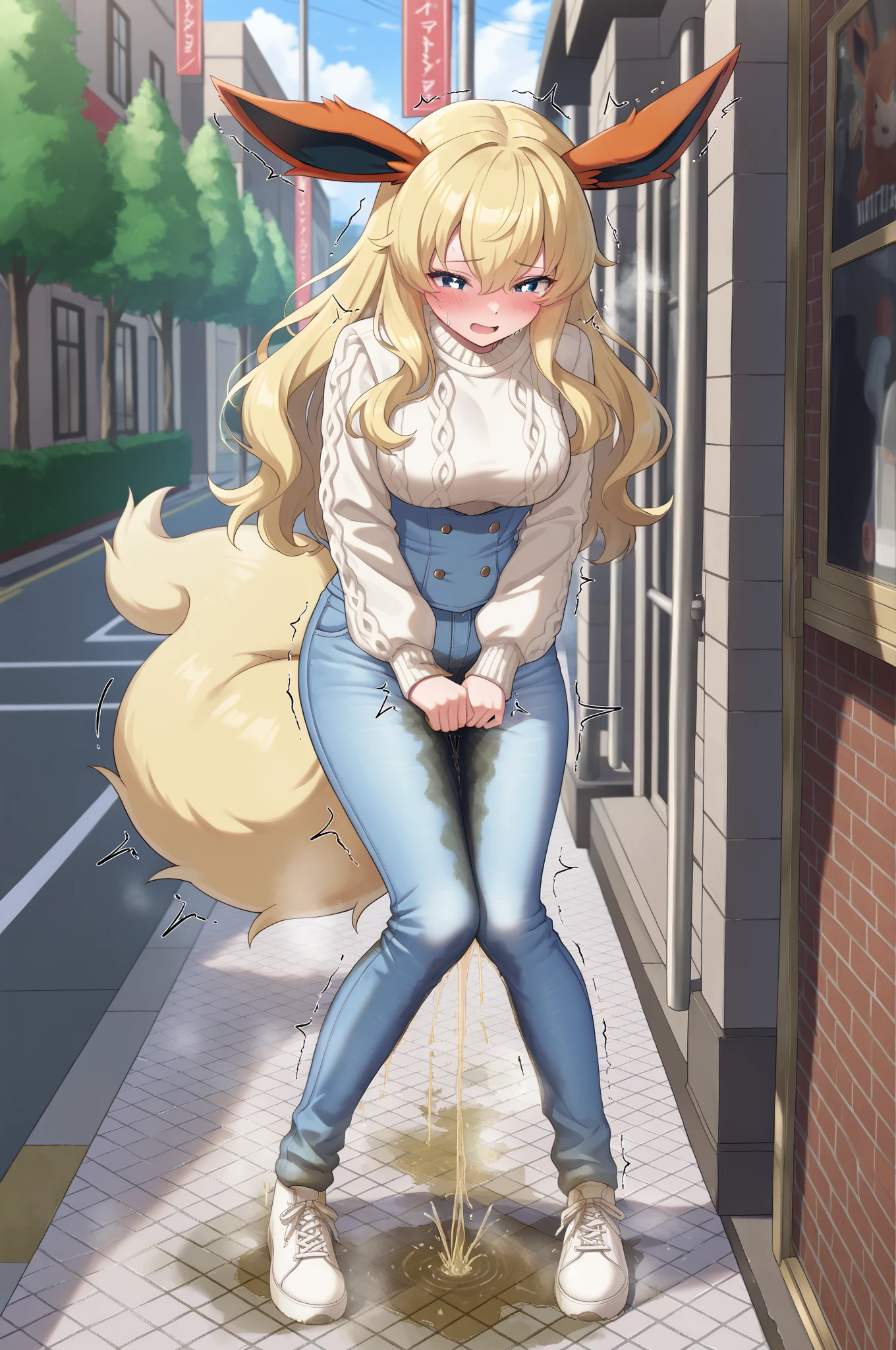 Anime. 1 girl. Baby. Kitsune. Blonde. Long hair. Blue eyes. Beautiful eyes. Perfect eyes. Expressive eyes. Ideal face. Ideal anatomical body. Beautiful long legs. Beautiful body. Beautiful nose. Fox ears. Fox's tail. 12 years old. Embarrassment. Blush. Beautiful character design. Shiny skin. Dirty tunic. Torn Tunic. Slave. Collar. Shackles. On a chain. No panties. Barefoot. Cold. Runny nose. Nasal mucus. Snot. Hands on crotch. Urinary incontinence. She wants to pee. She needs to pee. She has a strong, desperate urge to pee. He squeezes his crotch tightly. Rubbing the crotch. Slight forward bend. She peed herself. The girl can't stand straight. She pees standing up. She peed herself while standing in the raov market. Middle Ages. Fantasy. City. Town Square. Slave market. Tears on eyes. Cry. Snot flows from the nose. Whole body. nsfw. Official art. Extremely detailed CG Unity 8k wallpaper. Ideal lighting. Ultra high resolution 4K. Super detailed 8K. A high resolution.