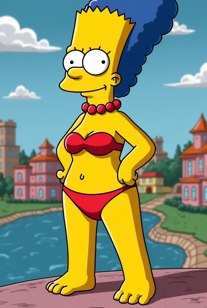marges, (((blue hair, 1girl, solo, alone, colored skin, yellow skin))), score_9, score_8_up, score_7_up, score_6_up, score_5_up, score_4_up, zPDXL flat color, looking at viewer, smile,
((( red bikini, barefoot, ))),
sexy pose, dynamic pose, dynamic angle, cowboy shot,
outdoor, waterfall, day,