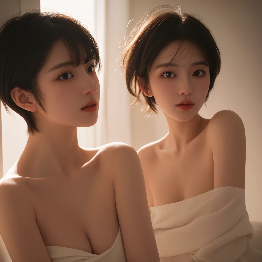 Best quality, masterpiece, ultra high res, (photorealistic:1.5), raw photo, 1girl, offshoulder, in the dark, deep shadow, low key, cold light, sexy look, short hair