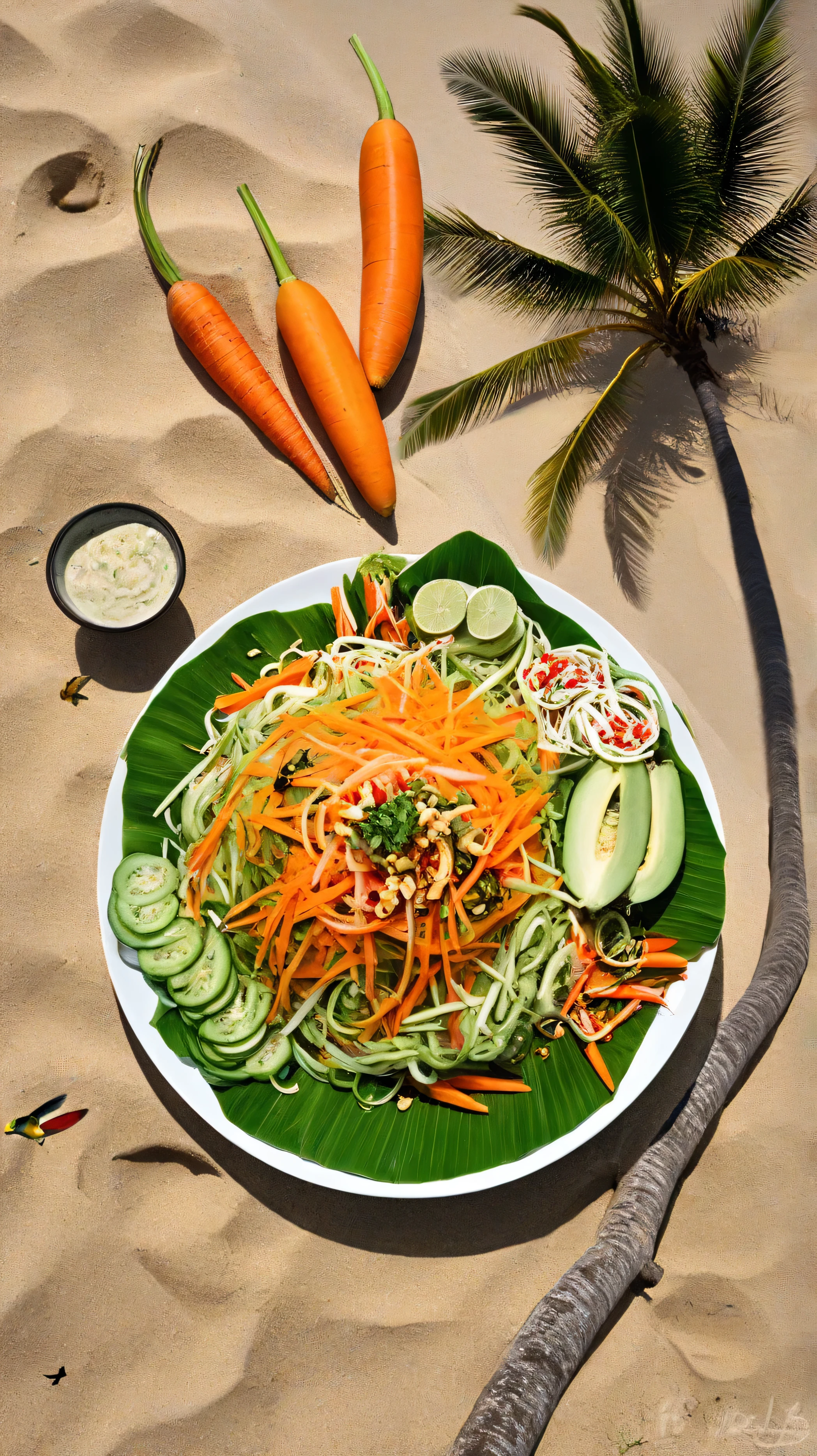 🥗 1. Green papaya salad (Som Tum / papaya salad)papaya, carrot, девушка кушает на beachе, super realistic style and girls side and top view , palm trees, beach, colored birds, photorealistic image, Зеленые palm trees, flowers. Highly detailed natural.