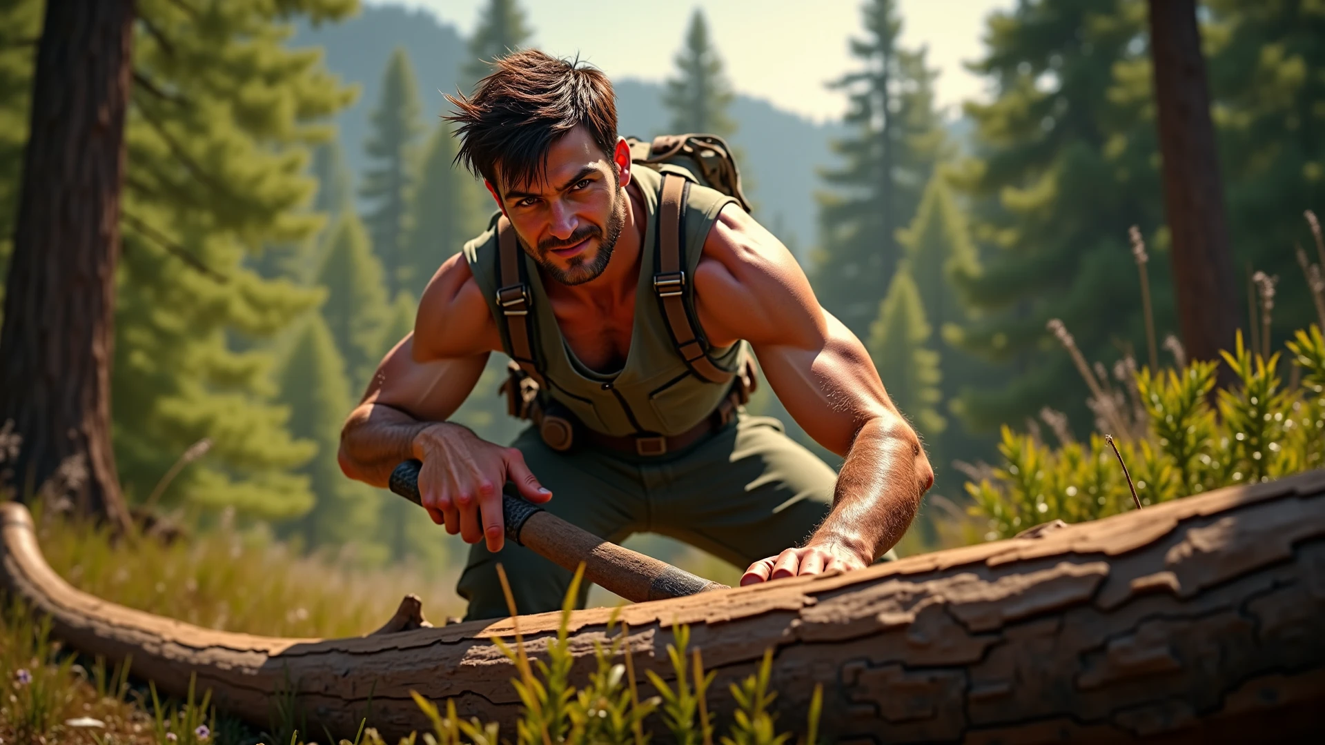 handsome young man, beautiful face, white skin, soft, slim, short hair, shirtless, in a jungle gathering firewood, carrying wood on his shoulder, an axe in his left hand, in the middle of the jungle behind him a house 
