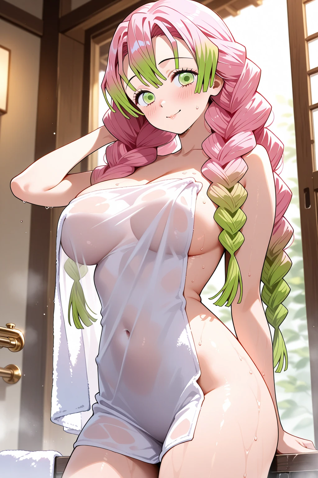 Anime background art, room background, a bed, standing, beautiful anime scenes, 4K anime art wallpaper, 4k anime art wallpaper, Rosla global illumination, anime girl, best quality, detailed, 1 girl, alone, same as LORA, same as lora, closed mouth, light smile, pink hair, green faded hair, perfect hair, defined eyes, green eyes, long hair, pigtails hairstyle, looking at the viewer, very big tits, naked, completely naked, showing her vagina, perfect vagina, open legs, open vagina, perfect anus, see vagina, naked vagina, looking at the viewer, hairy pussy, pubic hair, a lot of hair on the vagina, a lot of pubic hair, open legs, open vagina, pink hair, a lot of pubic hair, colored pubic hair, pink pubic hair, more pink pubic hair, see vagina, naked vagina, bare vagina, view of the pubic hairs, very hairy pussy.