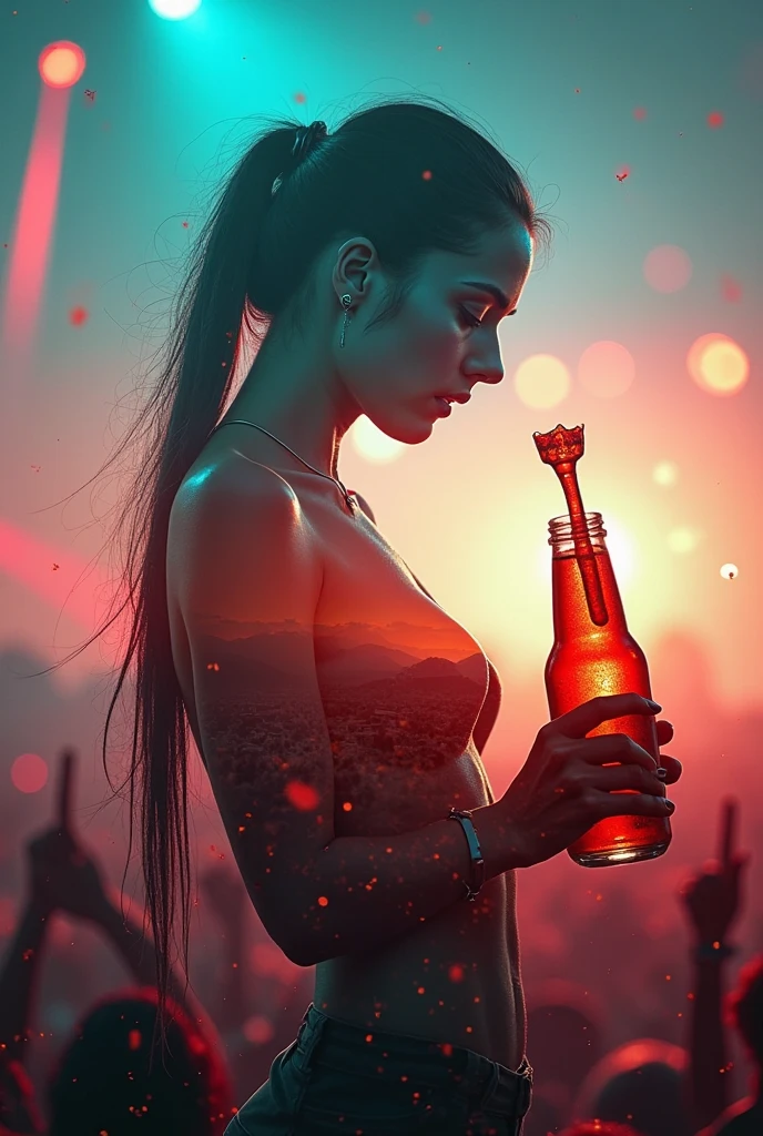 In the heart of the mexican party a young beer edecan woman with short brown hair, corona beer tight outfit with long neckline, holding a beer with happiness, sexy pose, in a mexican party, creates a party atmosphere, people celebrate the beer day, energy and fireworks. The angle of the scene is dynamic, capturing the intensity of the moment, fine quality golden eyes, eyes looking at the camera, ultra detailed, Beautiful and aesthetically pleasing, masterpiece, Best quality score, (fractal art: 1.3), Extremely detailed , dynamic angle, raytraced, middle body, close up, dust and hard lights