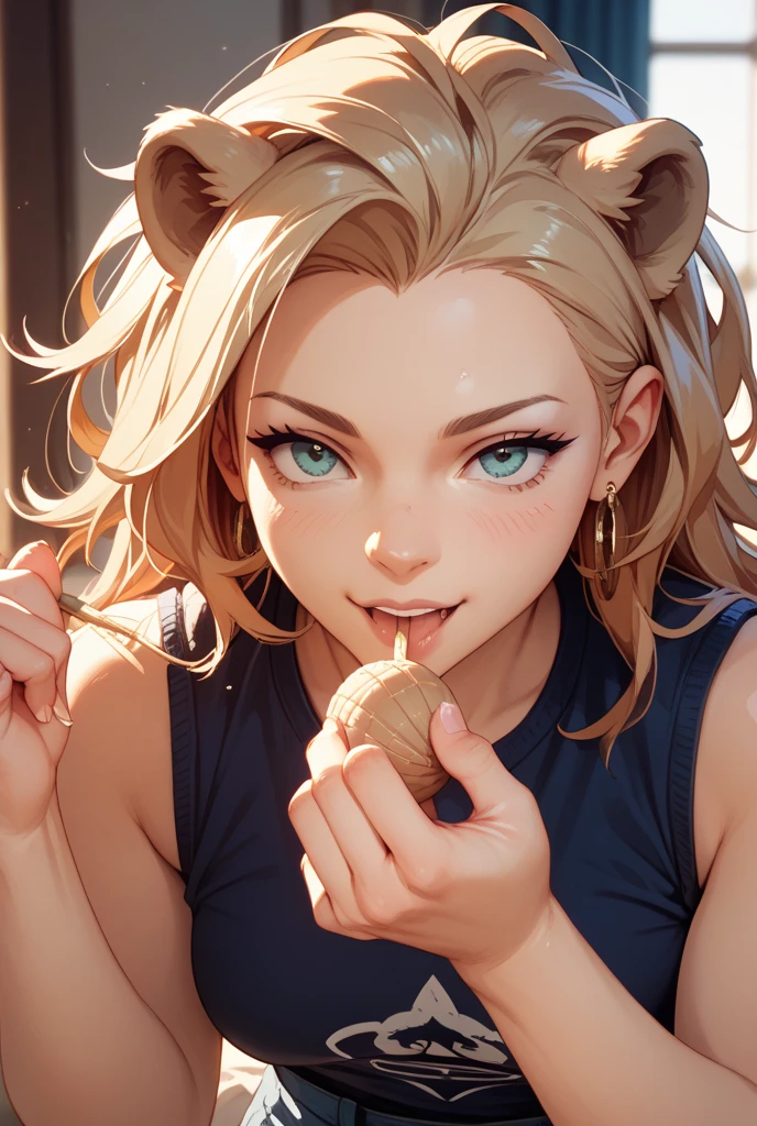 Cheerleader with demon tail, big , giving blowjob, bun hair style , with black tiny demon horns, wearing necklace, on bed