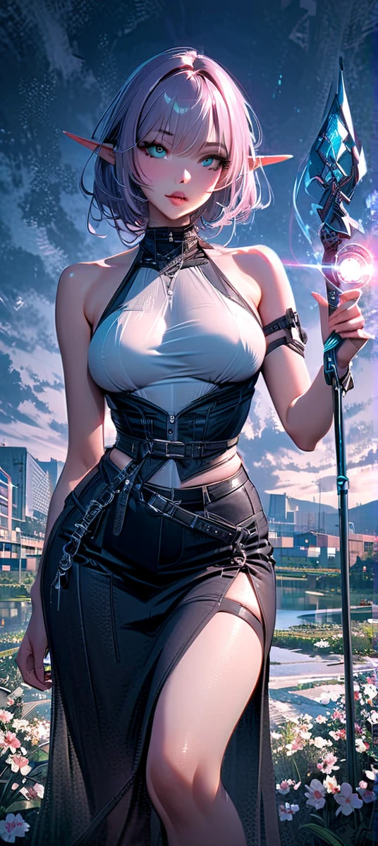 Detail, depth of field, ((((Masterpiece)))), (((Highly detailed CG Unity 8k wallpaper)), highest quality, high resolution illustration, amazing, high resolution, intricate detail, (best lighting, best shadow, very delicate and beautiful),
1 girl, solo, gray hair, side cut bob, sandals, bare_legs, solid tank bodysuit, sleeveless, white skirt, cleavage, looking_at_viewer, lilac eyes, lovely face, open mouth,
((((Tyndall effect))), mottled sunlight, clouds, outdoor, blue_sky, leaves, sunset, cloudy_sky, burning, bellflower