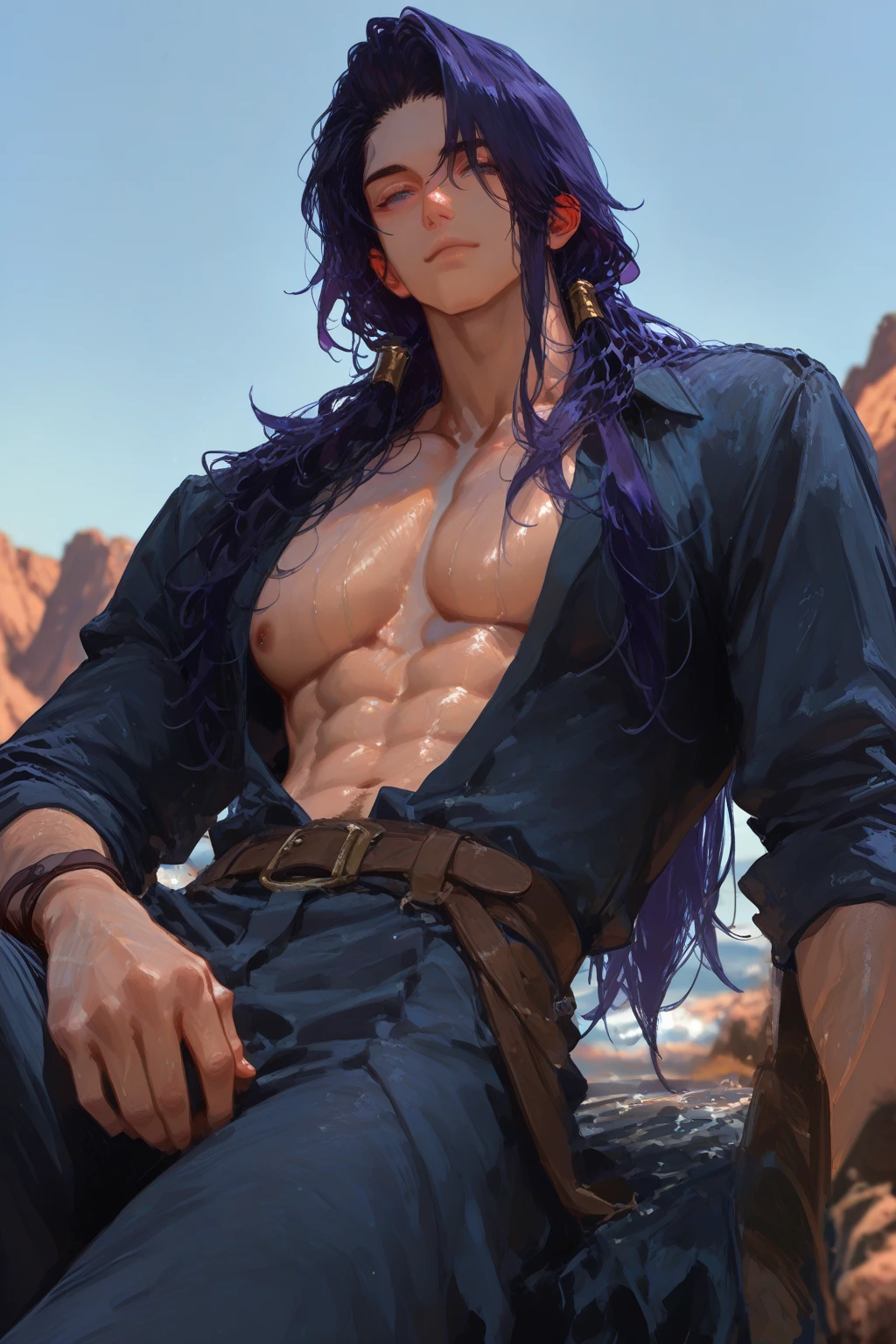 (hyper-realistic digital illustration), renaissance art, hires, best quality, boy wearing micro black thong, see-through black thong , front view, lying on his back, holding legs raised, athletic body, (white skin), bare chest, flat chest,(long green blue hair scruffy ), alluring expression, small waist, muscular.