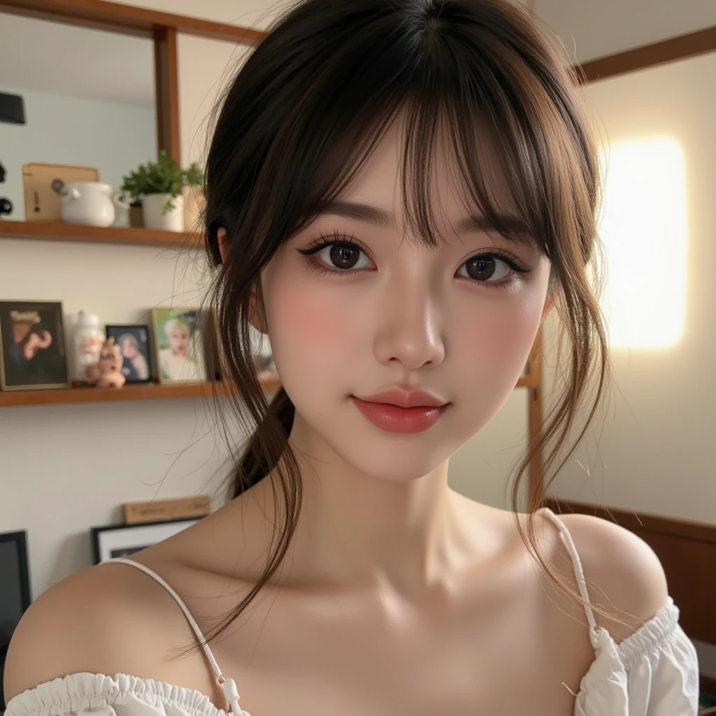 masterpiece、Top image quality:1.2、((beautiful young woman with))、Transparent skin:1.2、{A slight smil}、(kawaii)、cafes、appointment、depth of fields