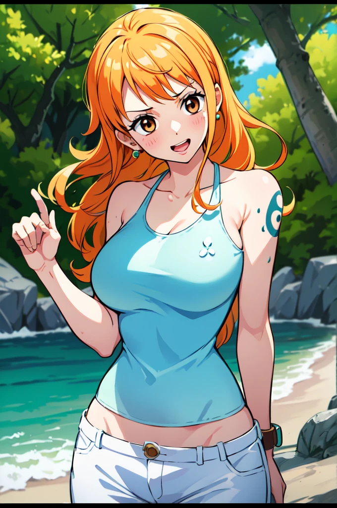 detailed background, masterpiece, best quality, 1 girl, solo), nami \(one piece\), 1girl, bangle, muscular arms, thumb pointing backward, bare shoulders, belt, bikini, bikini top only, blue sky, bracelet, breasts, brown eyes, bubble, cleavage, cloud, cowboy shot, day, denim, earrings, floating hair, green belt, green bikini, groin, jeans, jewelry, large breasts, log pose, long hair, looking at viewer, navel, orange hair, pants, shoulder tattoo, sidelocks, sky, smile, solo, standing, stomach, swimsuit, tattoo , looking at viewer