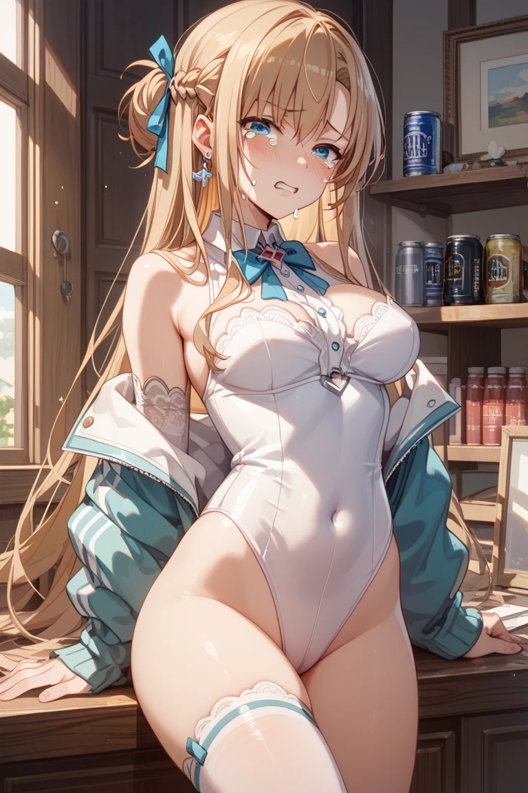highest quality、nice sexy body、one woman、solo、((Beautiful busty woman:1.3))、((Blonde Hair Woman:1.3))、straight hair woman、long hair woman、nurse costume、(A woman wearing a white nurse-style leotard:1.3)、A woman wearing white knee-high socks、garden、smiling woman