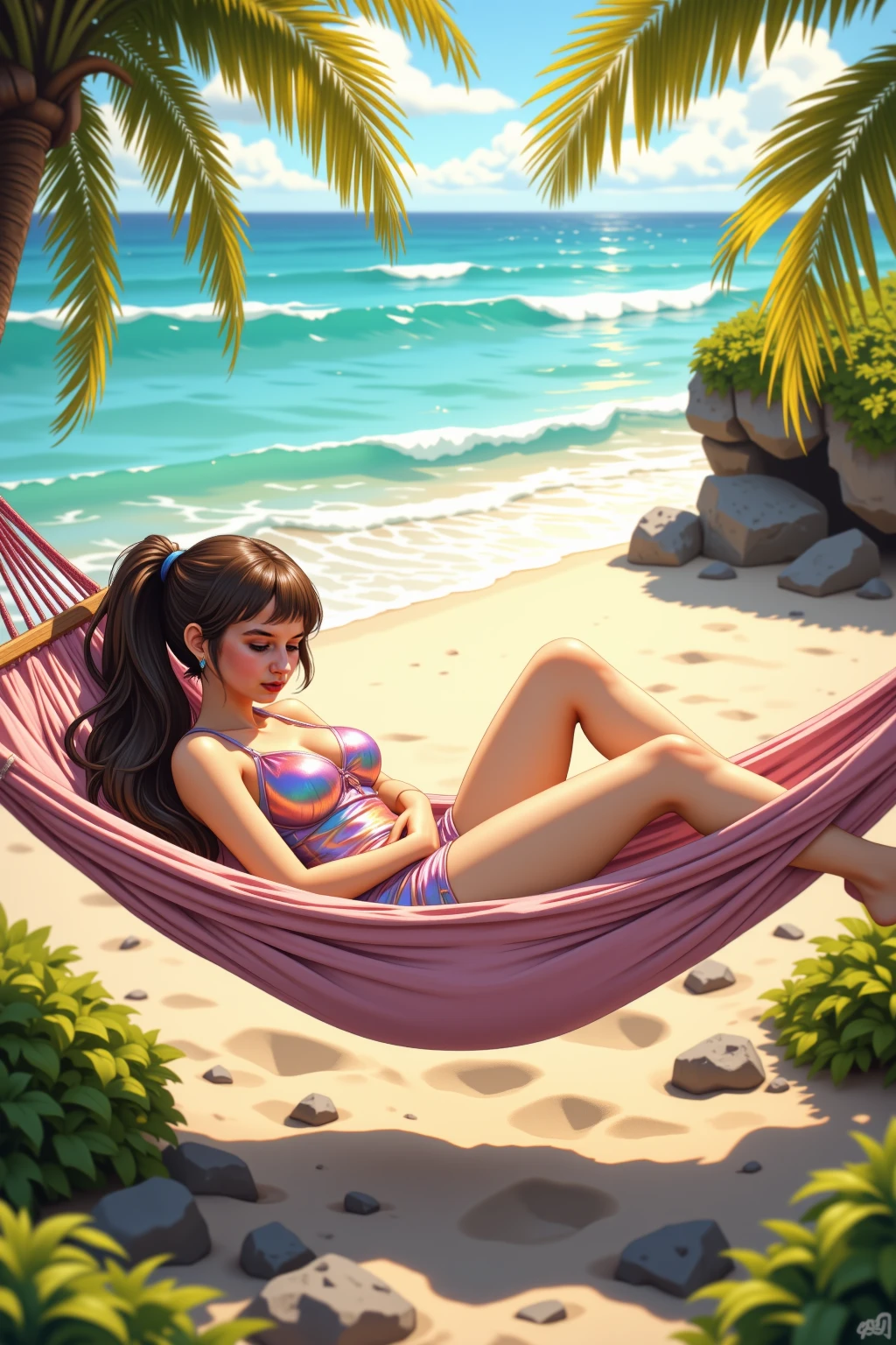 anime girl laying on the beach listen to music, palm trees and a, rhads and lois van baarle, lois van baarle and rossdraws, artgerm and lois van baarle, beautiful digital artwork, beaching, extremely detailed artgerm, deviantart artstation cgscosiety, anime background art, amazing wallpaper, background art, hd wallpaper, relaxing concept art, beautiful wallpaper, high quality desktop wallpaper, background artwork, pc wallpaper, anime background, wallpaper hd, 8K image quality, Masterpiece