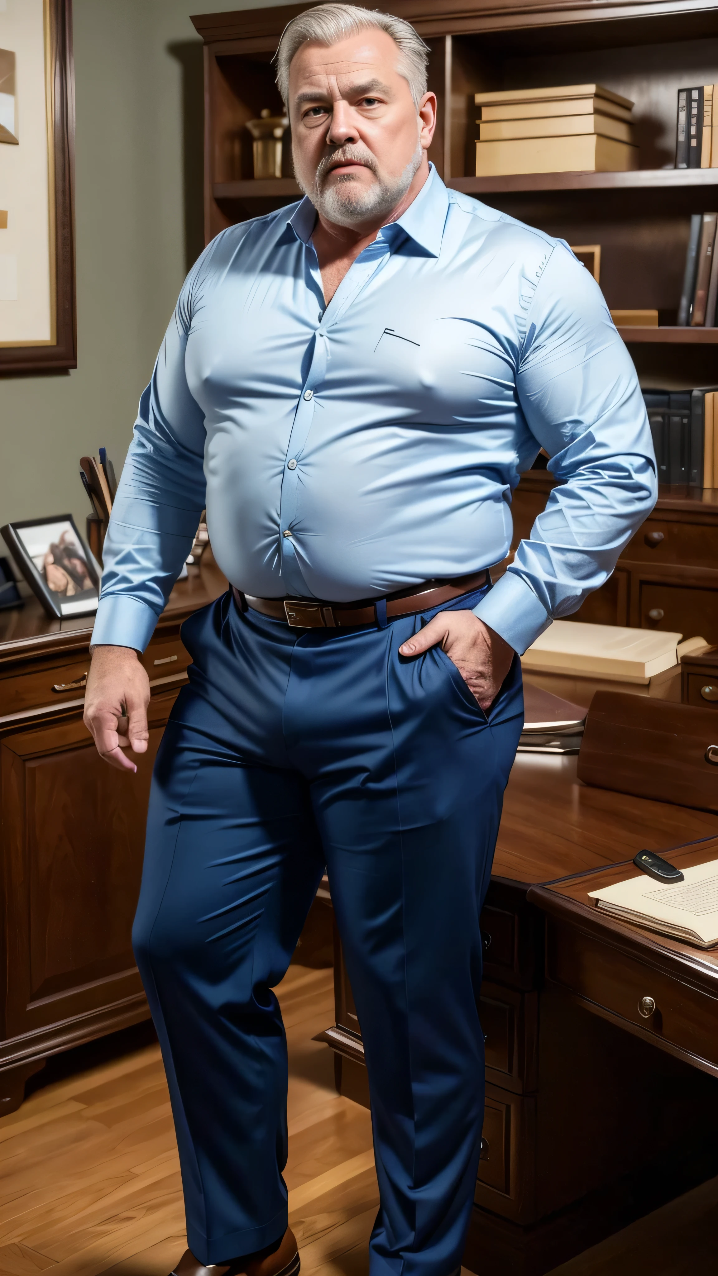 (best quality,4k,8k,highres,masterpiece:1.2), age 60, white man detective , horny disgusting, muscular chubby, kind, open blue polo shirt , mature daddy, black Dress Pants with big hard bulge, hairy chest hard nipple, belt, loafer,