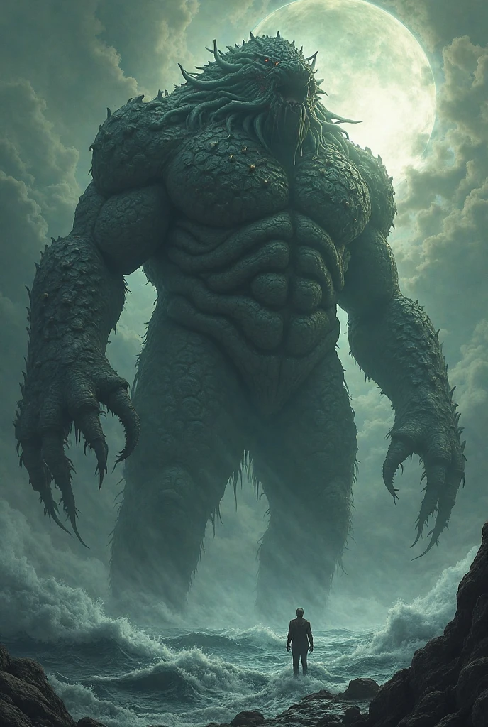 A titan emerges from the sea on a rainy day
