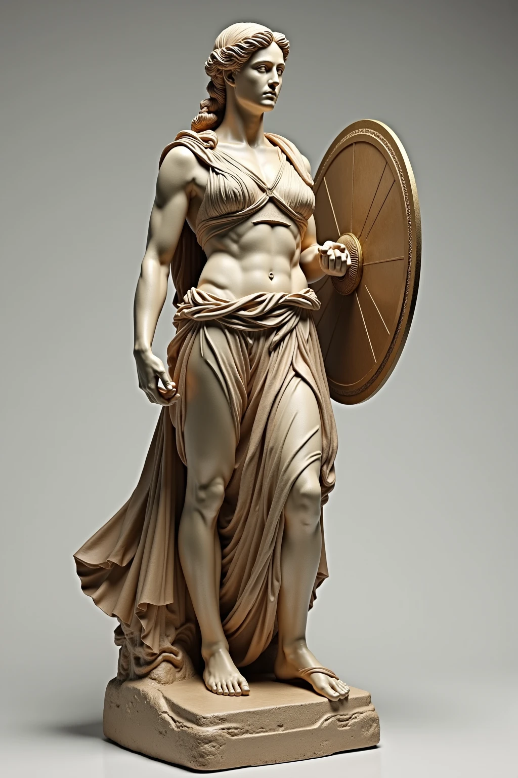A hyper-realistic statue of a muscular Roman woman holding a statue of a petrified rose, very old, ancient dust, and his facial expressions betray deep sadness and overthinking. A background of Roman columns, petrified birds, petrified dry moss, muted and faded colors, to emphasize the seriousness of the scene, dead birds, petrified beetles