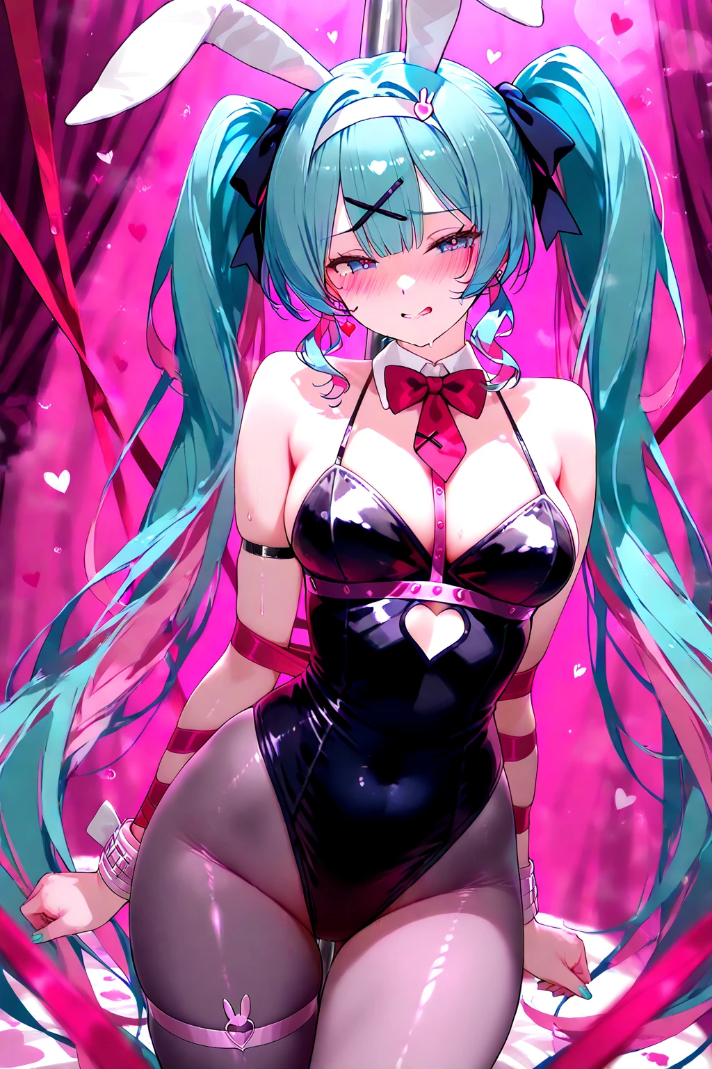 Red and blue  hair, pink eyes, woman, teal blue gold clothes, hair bows, happy face, sexy, cat ears, hearts, floating hearts, thigh up, thigh high tights,  long hair, smiling 