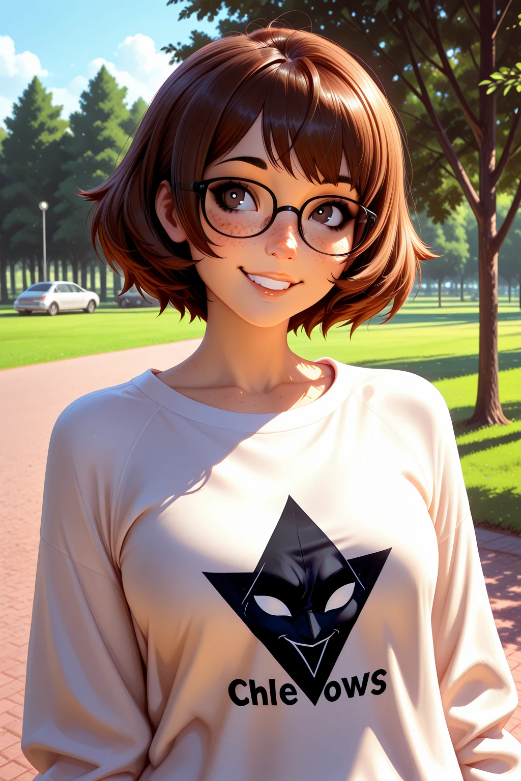 (highest quality, table top, 8K, best image quality, good work), one beautiful woman, 25 years old, (alone: 1.1), perfect beautiful composition, (big and full breasts: 1.1), perfect fit, ( Comfortable body line: 1.1), (Berry short cut hair: 1.1), (Perfect white turtleneck sleeved knit sweater: 1.2), (Classy and perfect round glasses: 1.2), (Elegant red melton skirt: 1.2), (full body Photo: 1.1), look at me and smile, (slightly blurred precise city park background: 1.1), glamorous body, big breasts, stand gracefully, droopy eyes, natural makeup, ultra high definition beauty face, Ultra HD hair, ultra-high definition sparkling eyes, super high resolution glossy lips, accurate anatomy, (very bright and vivid: 1.3)