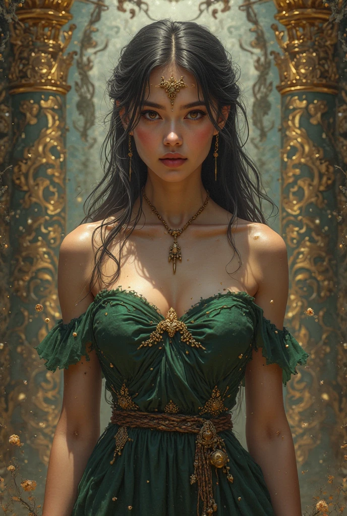 modelshoot style, (extremely detailed CG unity 8k wallpaper), full shot body photo of the most beautiful artwork in the world, english medieval witch, green vale, pearl skin,golden crown, diamonds, medieval architecture, professional majestic oil painting by Ed Blinkey, Atey Ghailan, Studio Ghibli, by Jeremy Mann, Greg Manchess, Antonio Moro, trending on ArtStation, trending on CGSociety, Intricate, High Detail, Sharp focus, dramatic, photorealistic painting art by midjourney and greg rutkowski