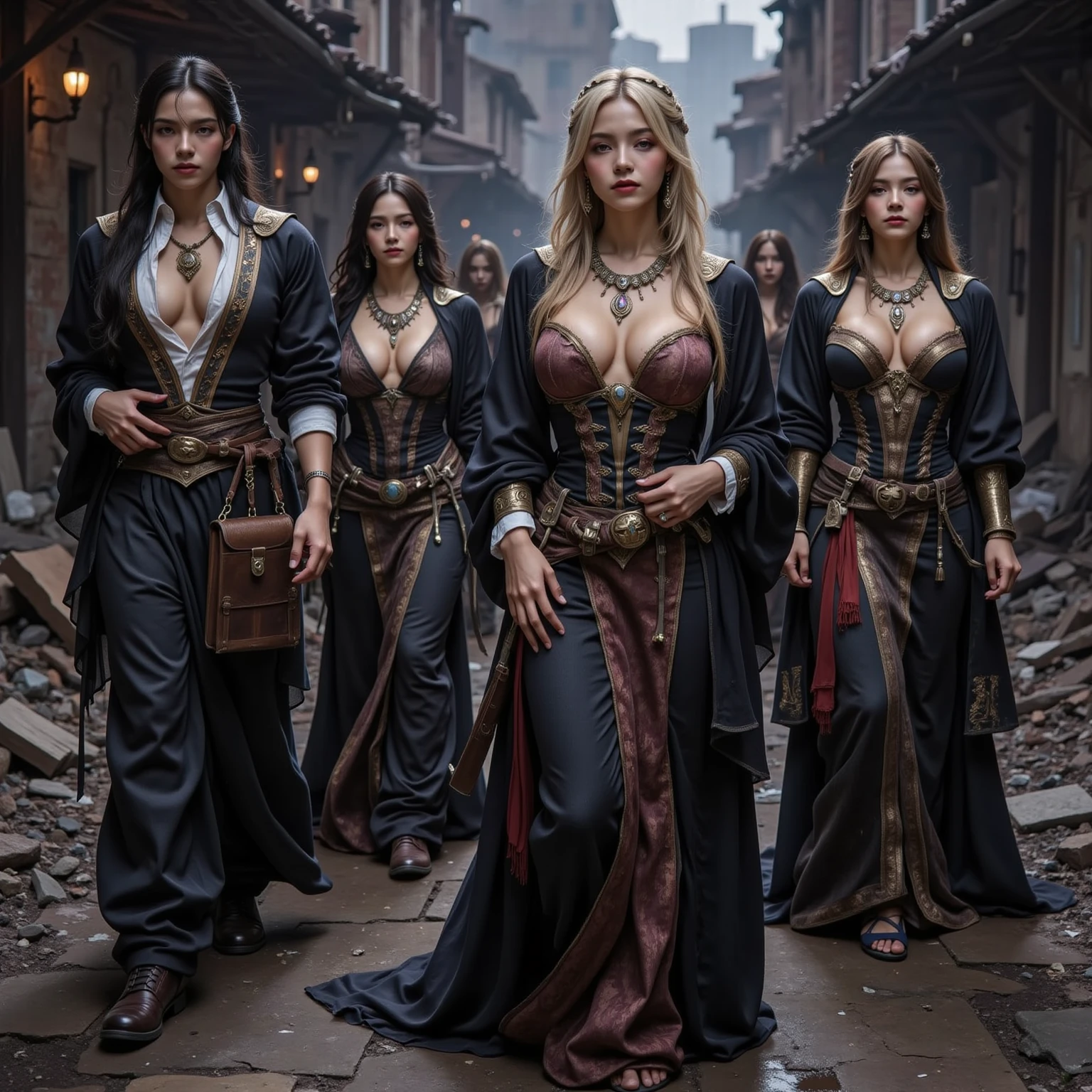 a group of beautiful girls disguised as friendly travelers, with exaggerated eerie features, interacting with the first merchant in the desert, fantasy, detailed, highly detailed, digital painting, artstation, concept art, hyper realistic, 8k, cinematic lighting, dramatic lighting, dramatic shadows, moody atmosphere, vibrant colors, saturated colors, warm colors, chiaroscuro, intricate details, ornate details, photorealistic, extremely detailed, (best quality,4k,8k,highres,masterpiece:1.2),ultra-detailed,(realistic,photorealistic,photo-realistic:1.37)