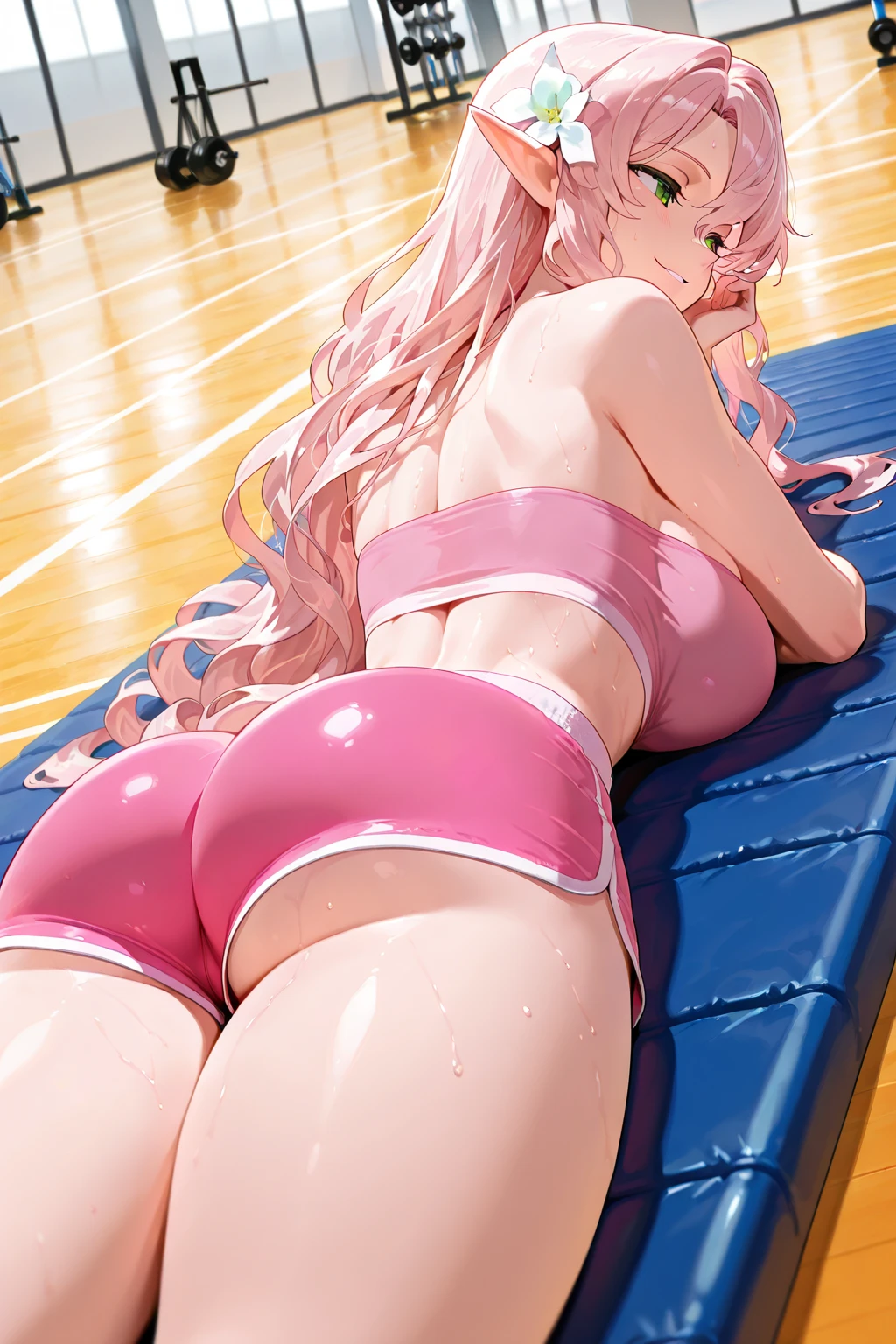 (extremely young youthful tiny fastest agile child:1.4) Urara Haru\(umamusume\),1girl, small breasts, laying on side on viewer, viewer trapped between her legs, tan, sweaty, (amidst a stunning massive toned extremely powerful strong pronounced muscle tone pronounced tight side-defined build:1.3) with slim narrow waist, wide muscular hips leaning forward,pointed,hand on hip,horse girl, horse tail, Pink hair, Pink eyes, horse ears, long hair, Smug mouth, (toned tight hypermuscular swole abs toned Sixpack:1.4) ,nose (((wearing a ultra-detailed realistic wet way too small extremely tight Neopren Texture Naviblue one-piece Japanese  school swimsuit that has grown out of size much too small barely fits and presses the skin extremely showing her extremely toned massive pronounced insane powerful ab lines:1.4))),smile,town,Detail,collarbone,muscular athletic toned body physique ,Detailed, really fit, flex, ripped, shredded ,1 girl, (cameltoe, extremely pronounced athletic fit toned flex ((extremely youthful tiny body:1.2)) amidst a stunning massive toned extremely powerful strong pronounced muscle tone pronounced tight side-defined build extremely pronounced swole abs:1.4) breast press Tiny feets hands girl flat chest  