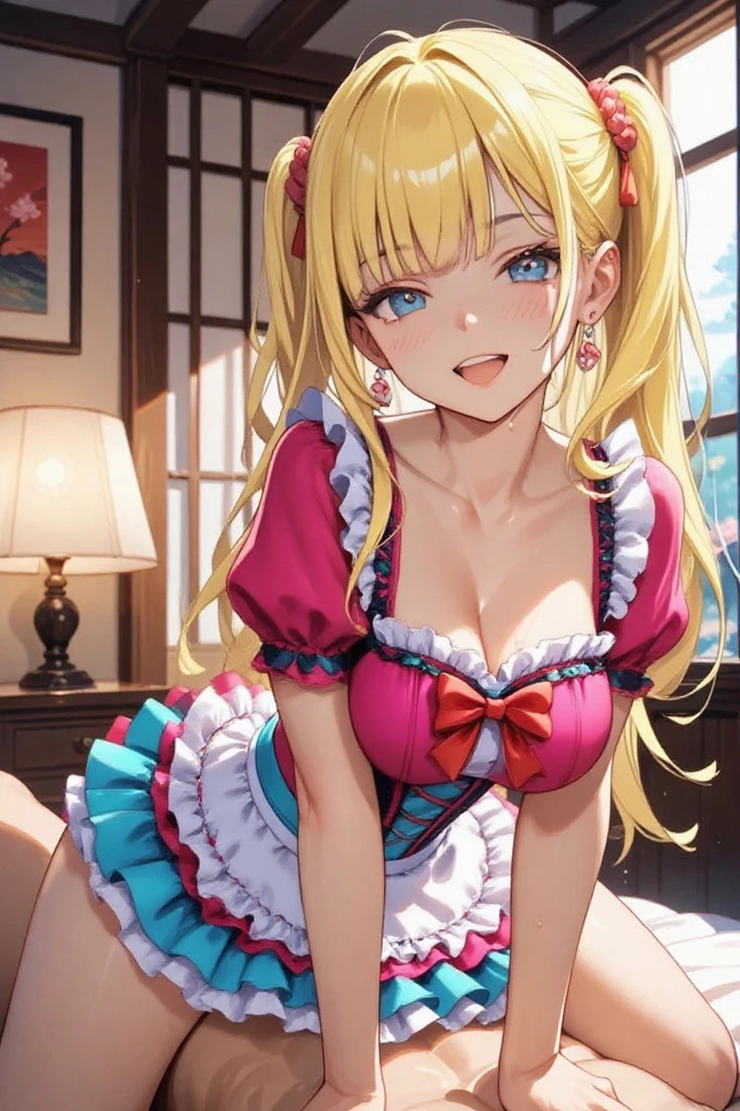 1girl, slim hips, zetadef, braid, hair intakes, twintails, hairband, (school uniform:1.1), cleavage, blush, (embarrassed:1.3), smile, sitting, knees apart, (panties:1.1), (lh_room, red room, chandelier, heart bed:1.2), bedroom with bed and chandelier, <lora:Granblue_Zeta-justTNP:0.7> <lora:LoveHotel_EDG:0.8>