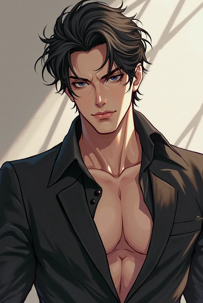 1 man, gothic, black hair, (very strong body), green eyes, shirtless
