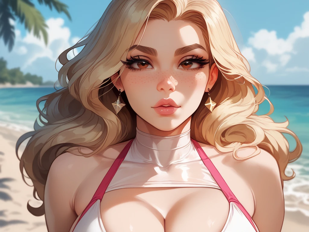 Huge breasts, micro bikini, exposed breasts, areolas protruding areolas indentation, see-through bikini