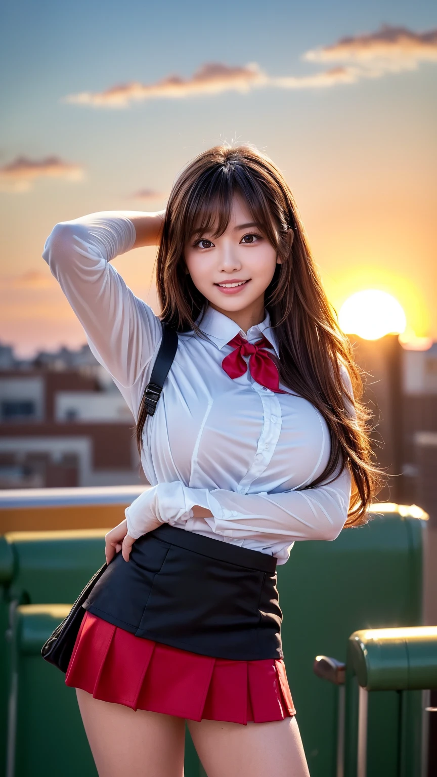 8K、RAW Photos、Highest quality、Super detailed、Super Resolution、Ultra HD、8K壁紙、Amazing details American blazer uniform girl ((White blouse with formal collar, Blue blazer, Blue plaid skirt, Red checkered ribbon on blouse)), Complete limbs, Full Finger, 
A large sunflower field in the countryside、Straight road、Walk through the sunflower field,smile、sun、School bag、Heart Necklace
(((Emphasize cleavage)))
(((Full body photo)))
((Blue sky))
