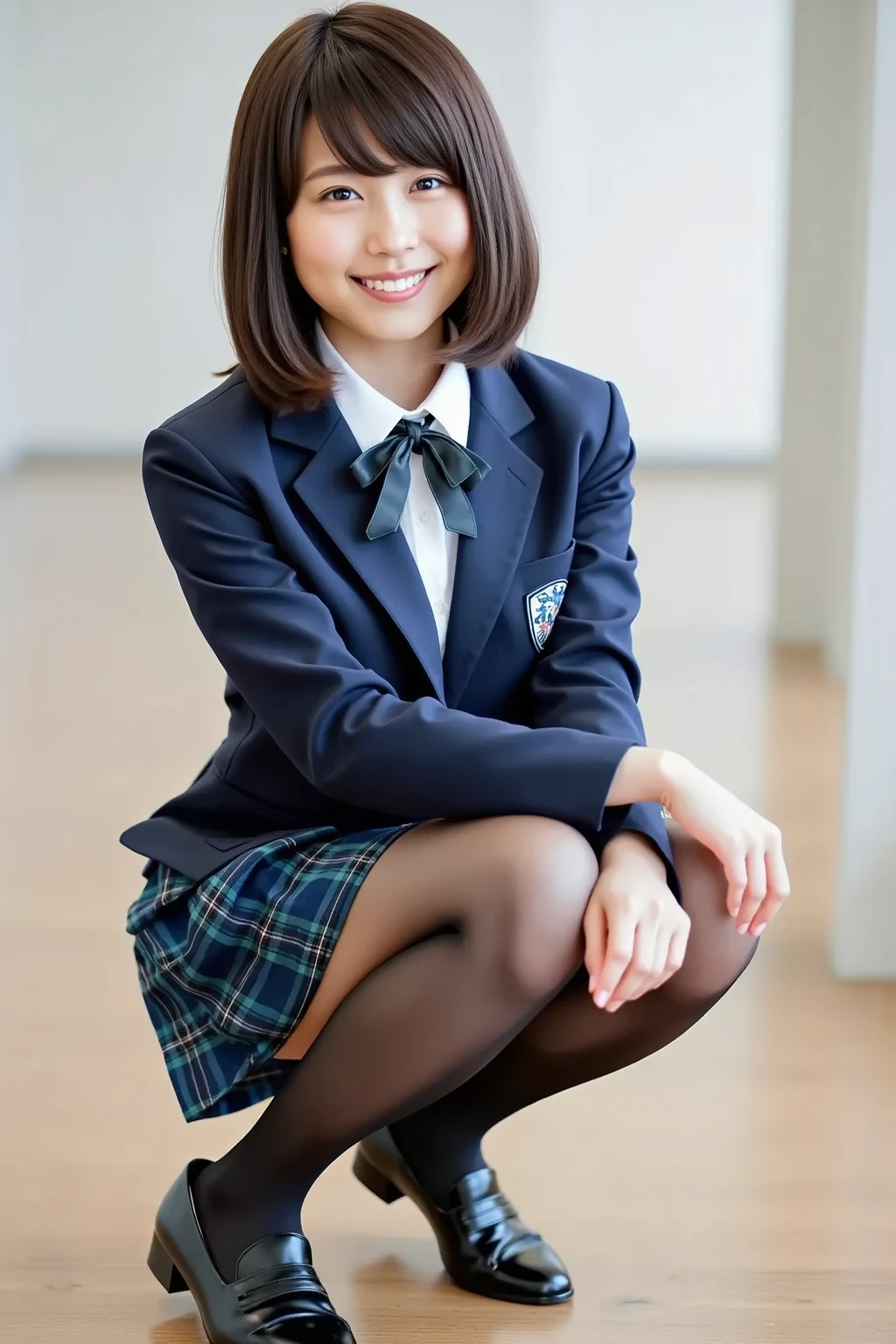((highest quality, 8K)), 1 high school girl, (big breasts:1.3), realistic, High resolution, (perfect anatomy, Whitening skin), (super detailed cute face,beautiful blue eyes), double eyelid, soft lighting, cinematic lighting, (blurred background:1.5), look straight at the viewer, (bob cut hair, bangs), (full shot, from below:1.5), My butt went up, expose thighs, ((wind lift:1.5)), ((navy blue blazer ,Plaid ribbon,shirt,pleated skirt)), (see white lace panties:0.0), (smile,blush,panicking:1.5),blue sky,field,School zone