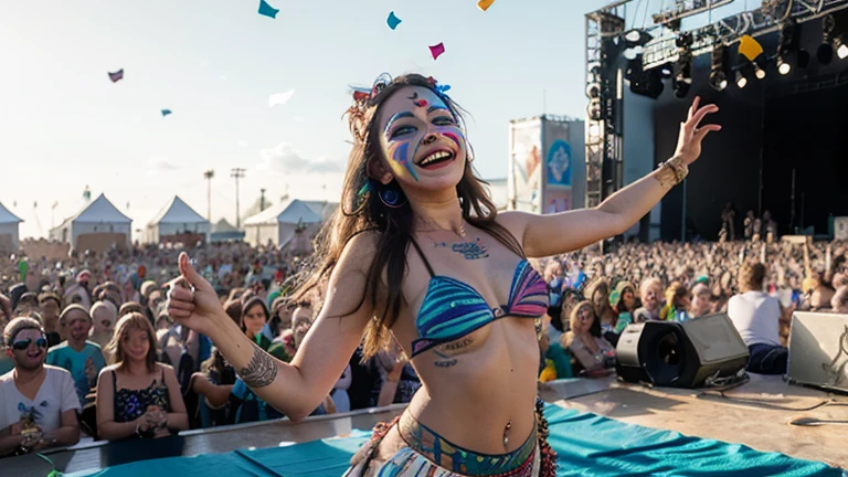 A woman in a short skirt, her coxas exposed, stands boldly in the front row of Tomorrow's Land music festival. Festival vibes resonate through the air as people in the background dance to the beat of the music. The sun begins to set, casting long shadows over the crowd, and the woman's coxas are accentuated by the brilliant rave lights. Maravilhoso! A sexy girl, boasting large arches in her coxas, dances exuberantly in the crowd during a free-spirited Brazilian rave, "ao ar livre."
