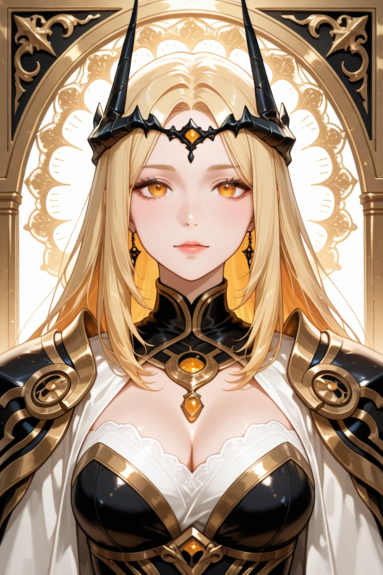 slender, mature female,1girl, blond_hair, breasts, rating:safe, detached_sleeves, solo, cleavage, large_breasts, bare_shoulders, yellow_eyes, lips, looking_at_viewer, long_hair, detached_collar, parted_lips, sash