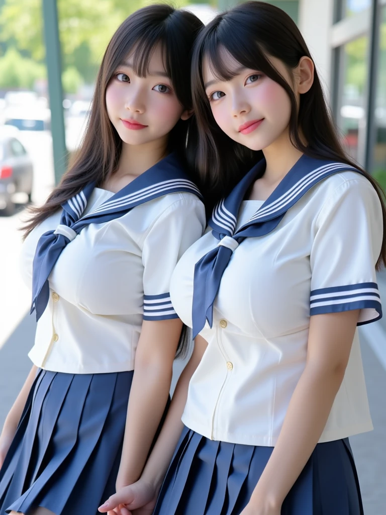 light brown hair,Long hair, abdominals、Transverse breasts、sailor look