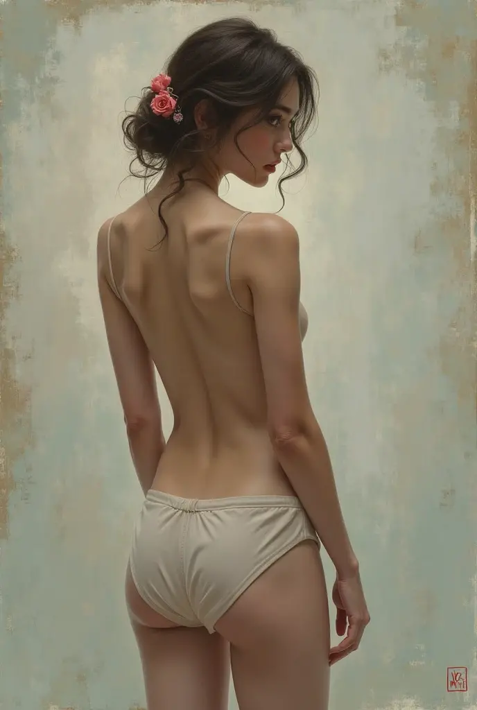 a girl in small white underwear seen from behind in the style of Gigi Cavenago and Jeffrey Jones and Albert Beck Wenzell