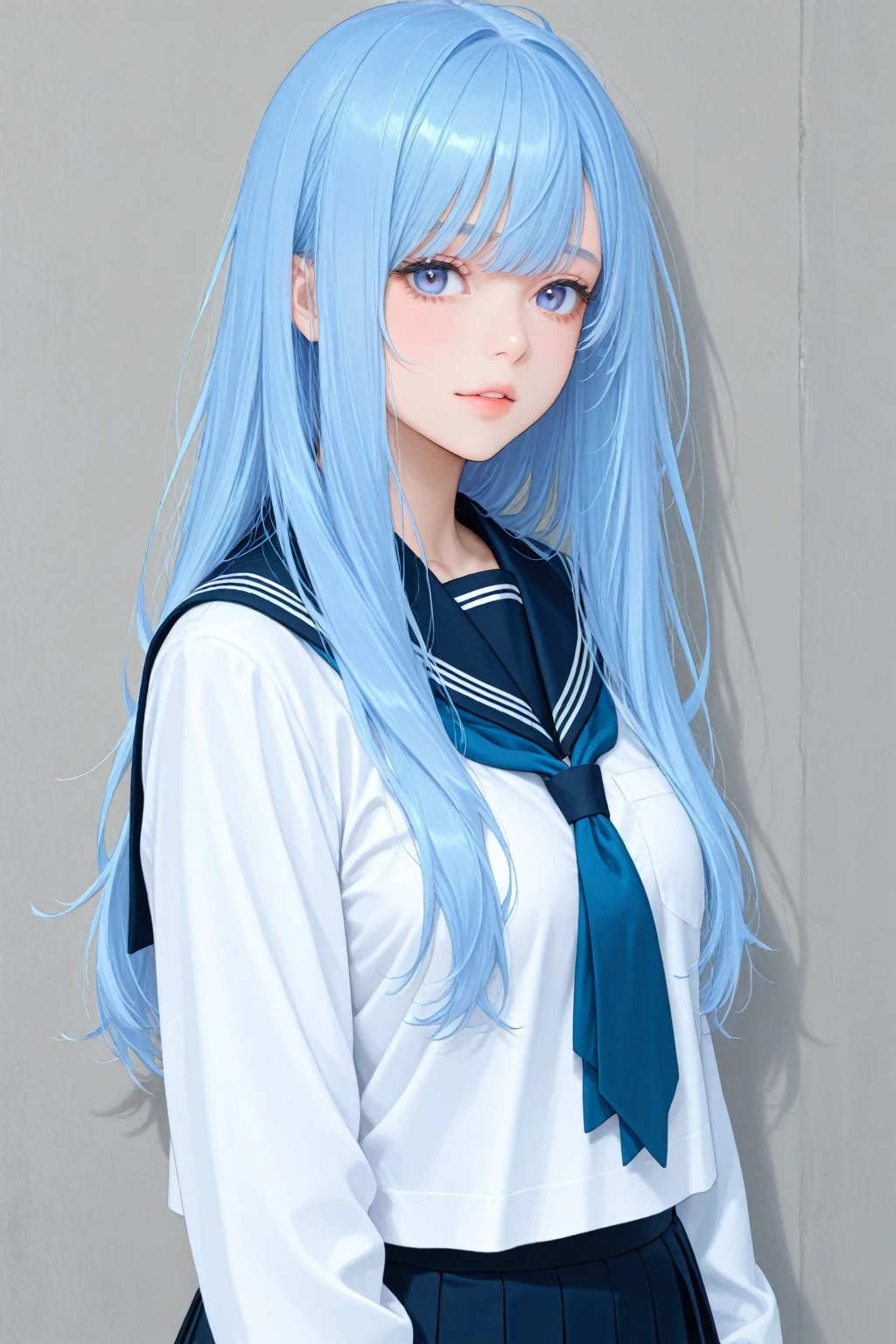 anime girl with blue hair sitting on a bench in front of a building, realistic girl with long hair