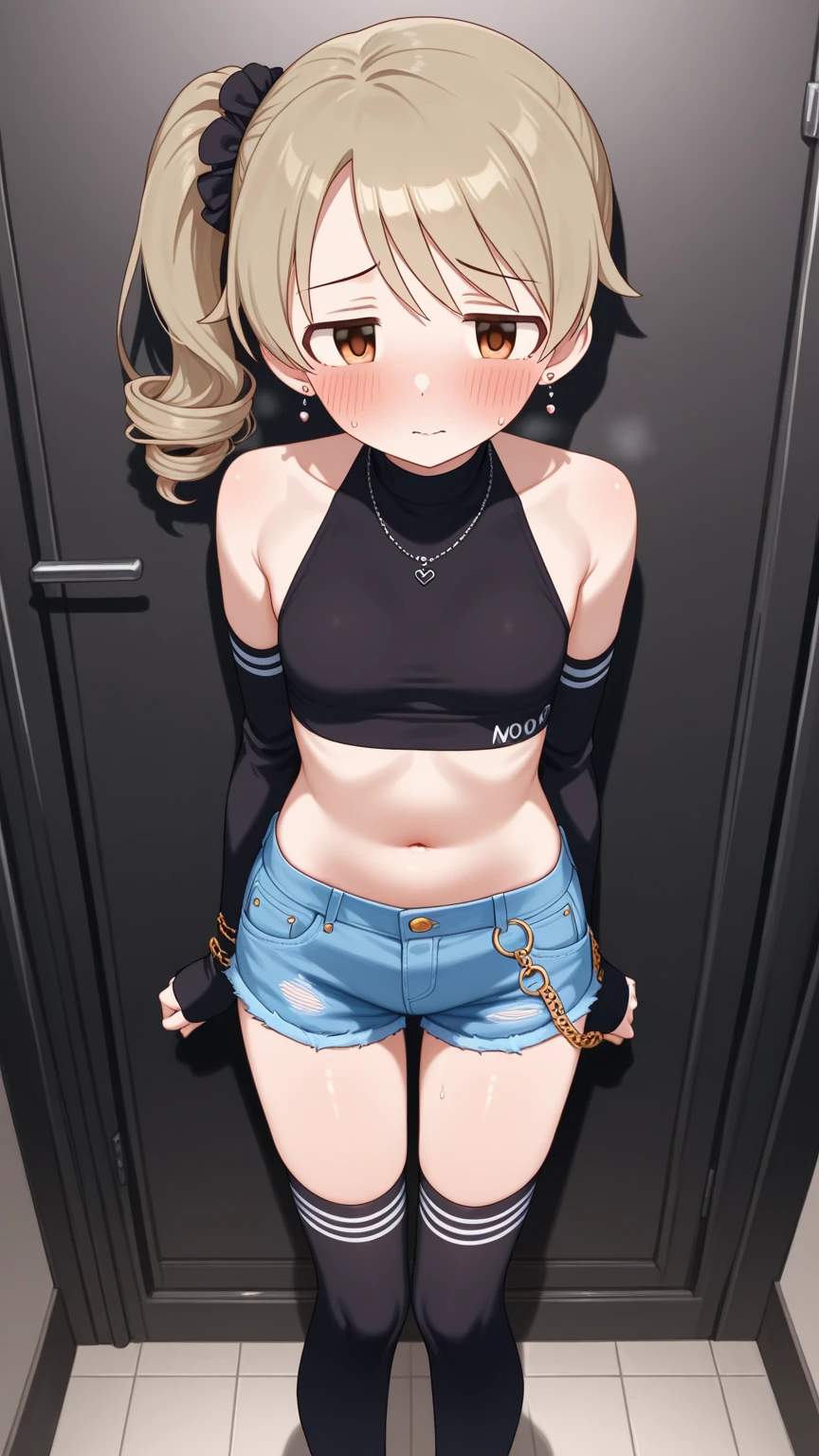 (masterpiece, best quality), 1girl, small breasts, small hips, crop top, denim shorts, bedroom, striped thighhighs, pervert, petite, glasses,