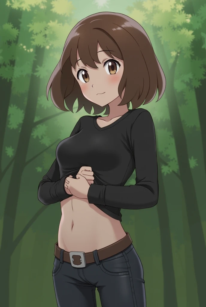 ((1 woman with brown hair,((medium breasts, bare breasts, erect breasts)),((brown pants)),((no blouse, bracelet, with boots, belt with a glue)),((brown eyes, happy face)) ,((in a haunted forest,at night)),