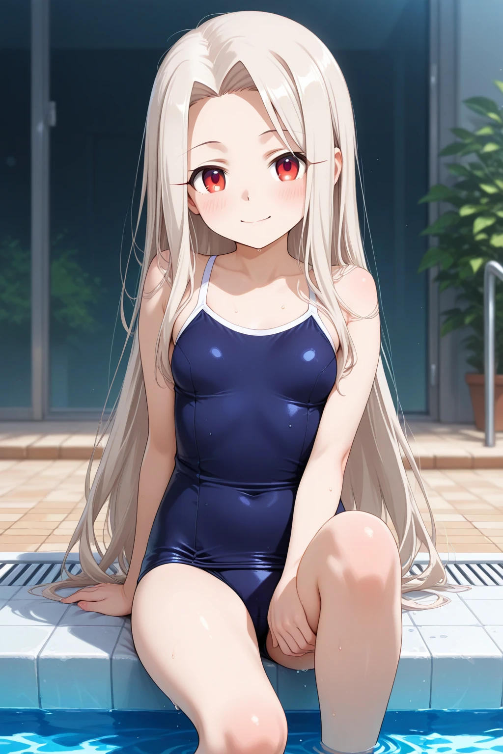 score_9, score_8_up, score_7_up, source_anime, masterpiece, absurdres, medium breasts, perfect face, 1girl, cute expression, smiling, looking at viewer, full body, background: bedroom, alisamikhailovna, alisamikhailovna kujou, long hair, bangs, blue eyes, tiara, ahoge, gray hair, red ribbon, red school swimsuit,,