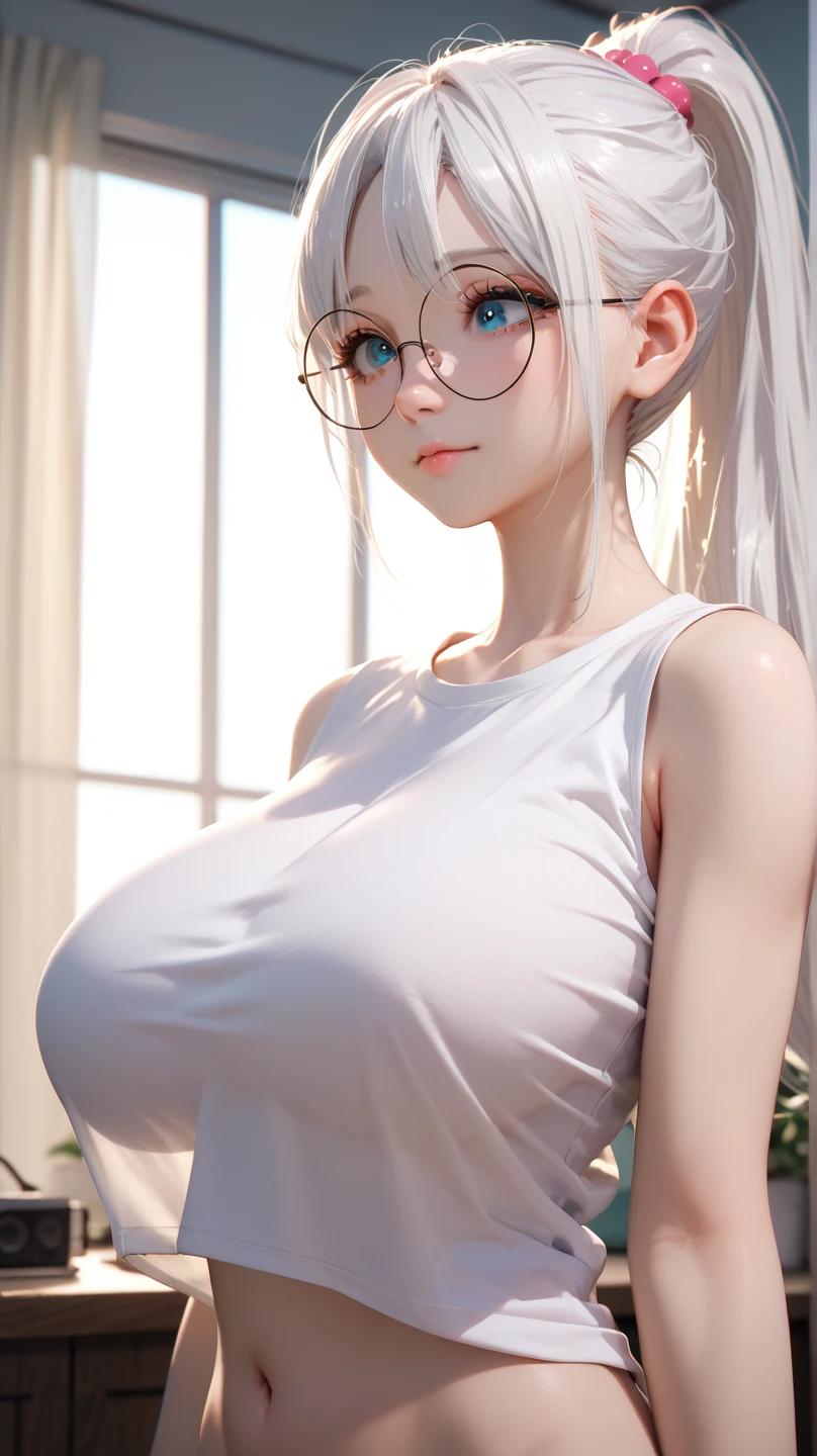 huge tit, Simple background, skin tight, cuteexpression ,Masterpiece,(Best quality,(Shiny skin),realisticlying,kneeling down,legs separated,spreads her legs apart,Silver glasses,busty figure,Place your hands next to your face,near,Smile Expression,White transparent lace bikini,areola of breast,Exposure to sexual organs,The lower body is heavily exposed,The upper body is severely exposed,see-through bra