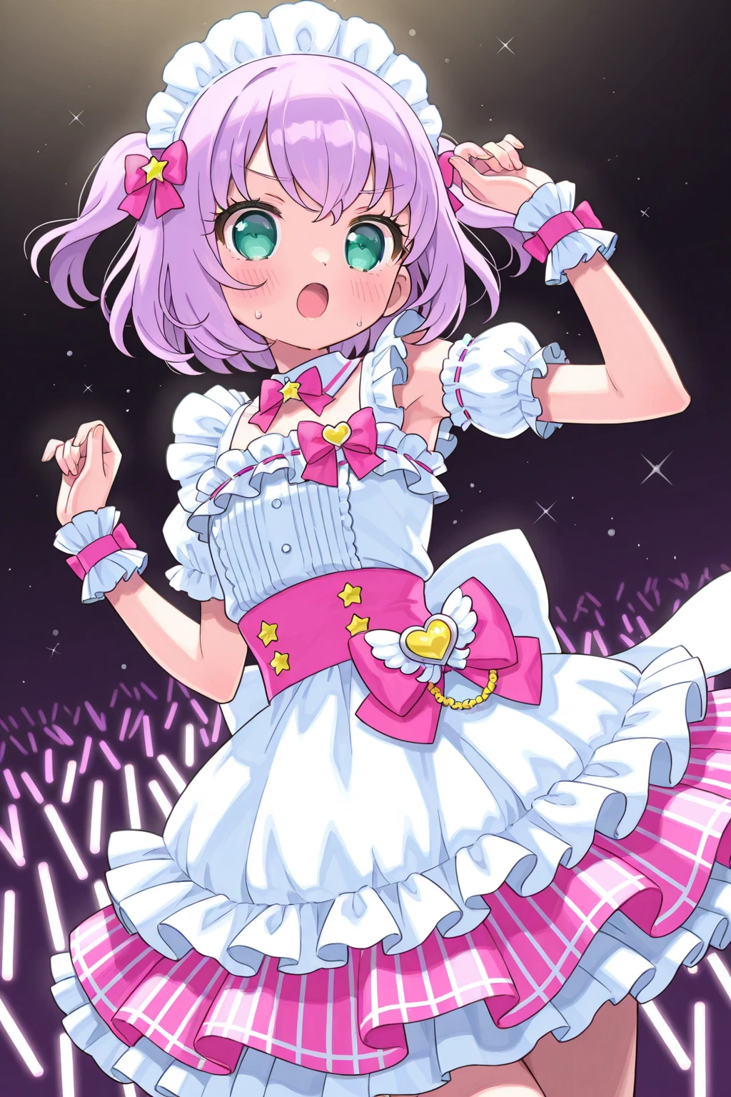 (perfect body),highest quality,16k,(nsfw)、anime screen capture、((blush)),(short hair), (((orange eyes))),thick tight,((((pink hair)))),Are standing,Sweat,I was surprised,((())),(((View from the front)))),cowboy_shot,((((wavy hair)))),Ahoge,Barrette,(((yellow sleeveless shirt))),(((Pink ruffled mini skirt))),(((light blue striped panties))),(white knee socks),(white gloves),((Panty shot)),A skirt that blows up in the wind、big ass,flat chest、blush、standing,looking at the viewer,((( he is short))),((smile)),(((headset on head))),(left arm raised),(surprise),(from below)、((dynamic pose)),((Idol)),((1 girl)),(((pink bow tie)))