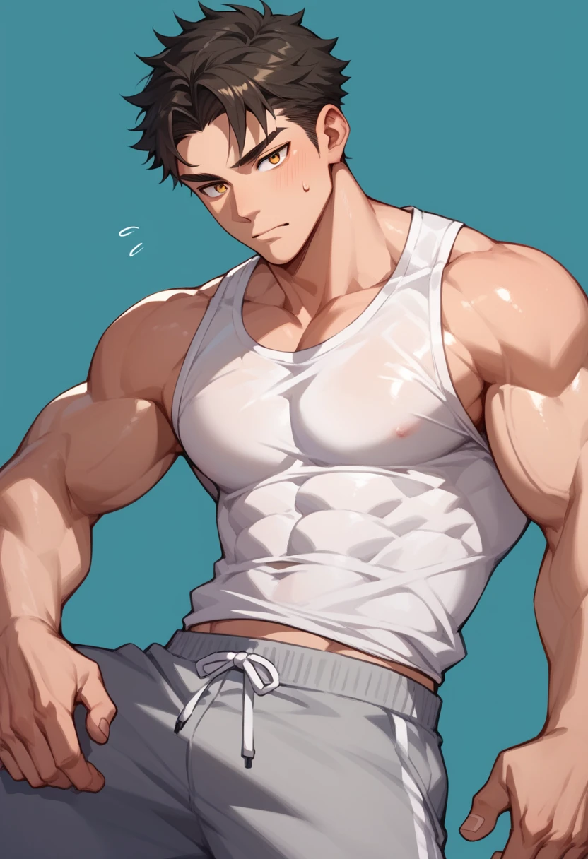 a shirtless 19-year old handsome caucasian male in faded haircut, mma gloves, white mma shorts, cute, handsome face, six-pack abs, beautiful body, well-defined body, sweating profusely, dripping sweat, shirtless, in front of a wall, hands behind head, proud